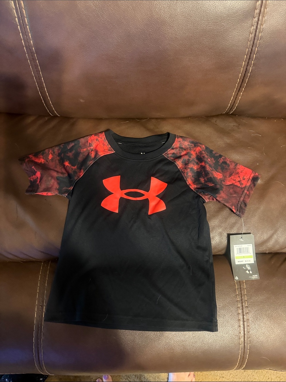 Under Armour Black Tee with Red Logo and Red Patterned Sleeves